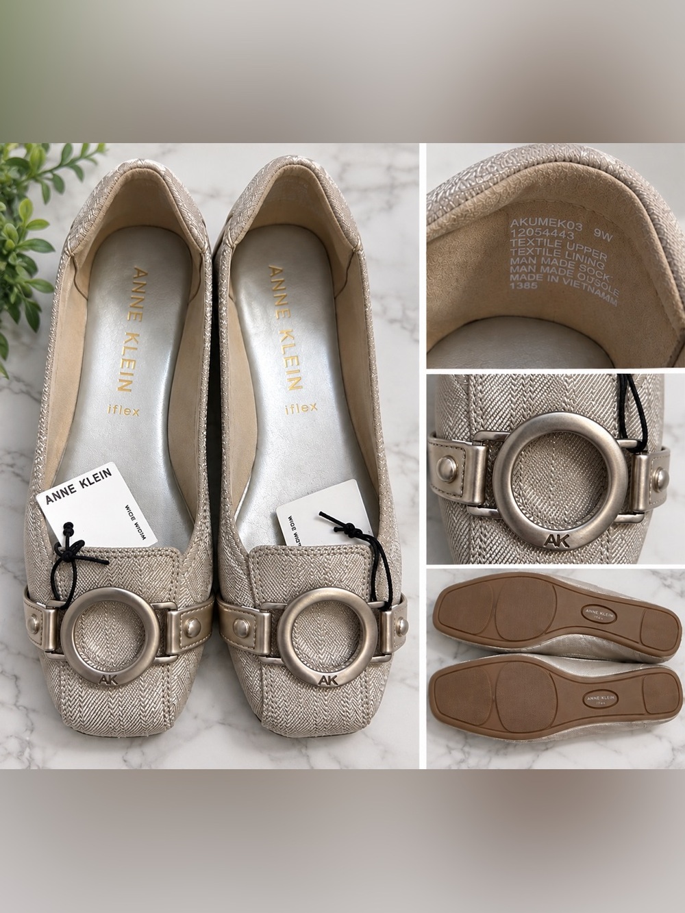 Anne Klein Neutral Metallic Beige Loafers with Round Buckle